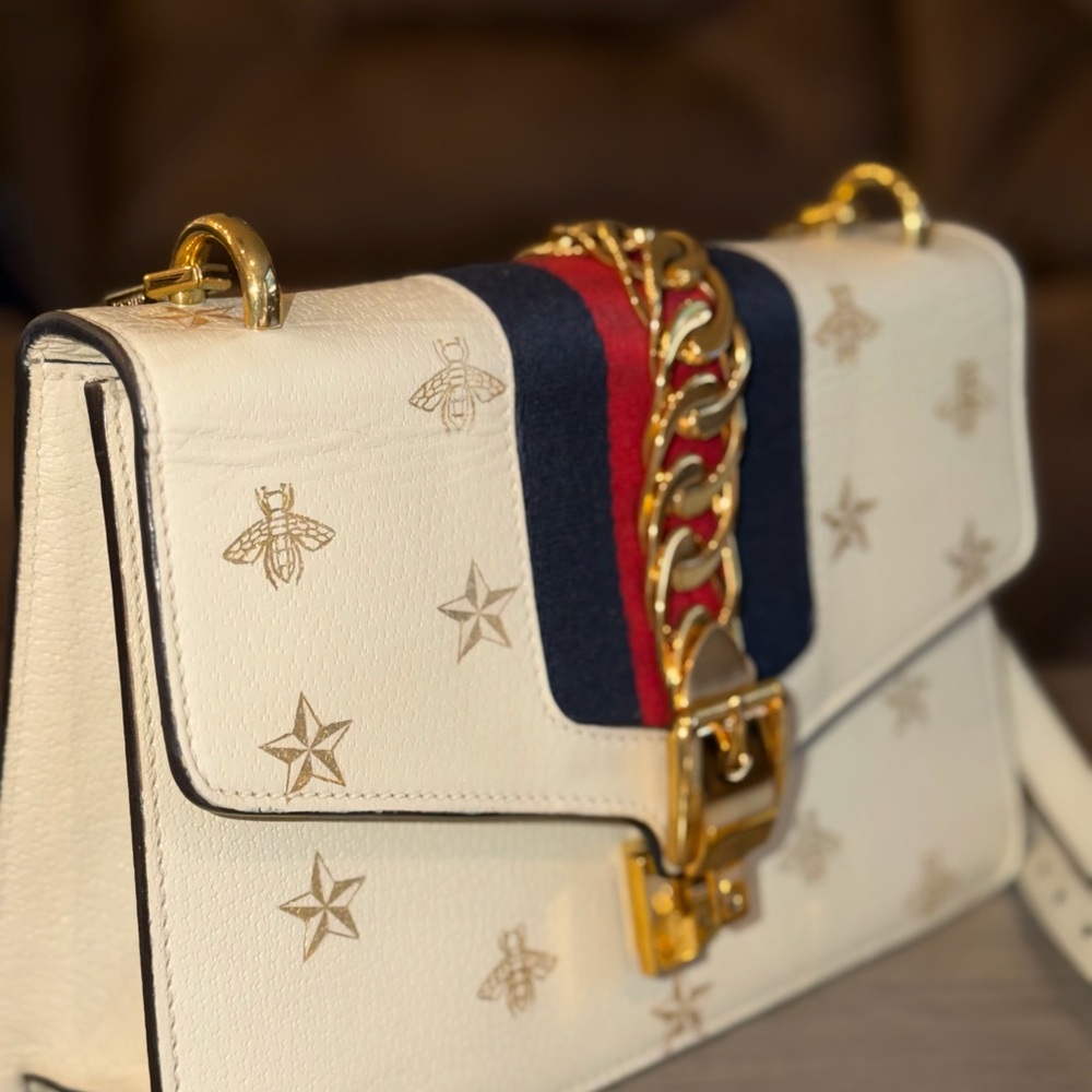 Gucci Med Sylvie Bee and Stars Crossbody Bag with Gold and Red Accents EUC.